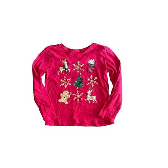 The Childrens Place Girls Size Small 5/6 Pullover Christmas Top Red Long Sleeve - Picture 1 of 4